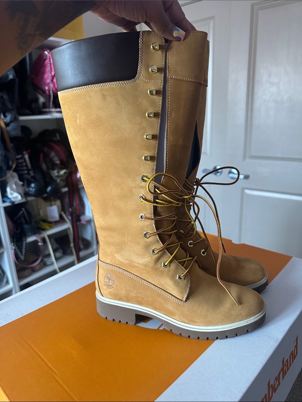 Timberland Women's Wheat and Dark Brown Tall Lace-Up Boots